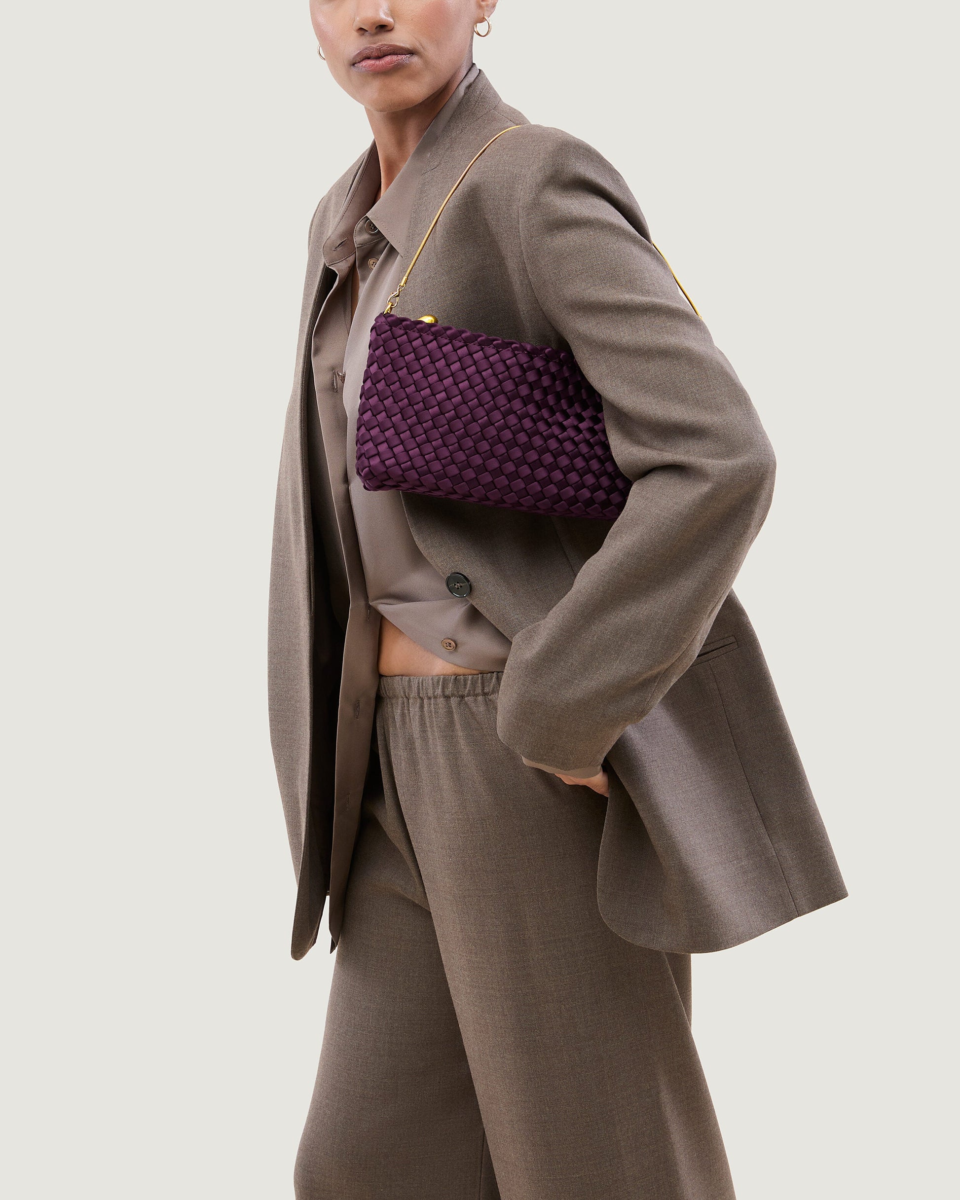 Naghedi GALA CLUTCH SATIN IN CURRANT at Romi Boutique