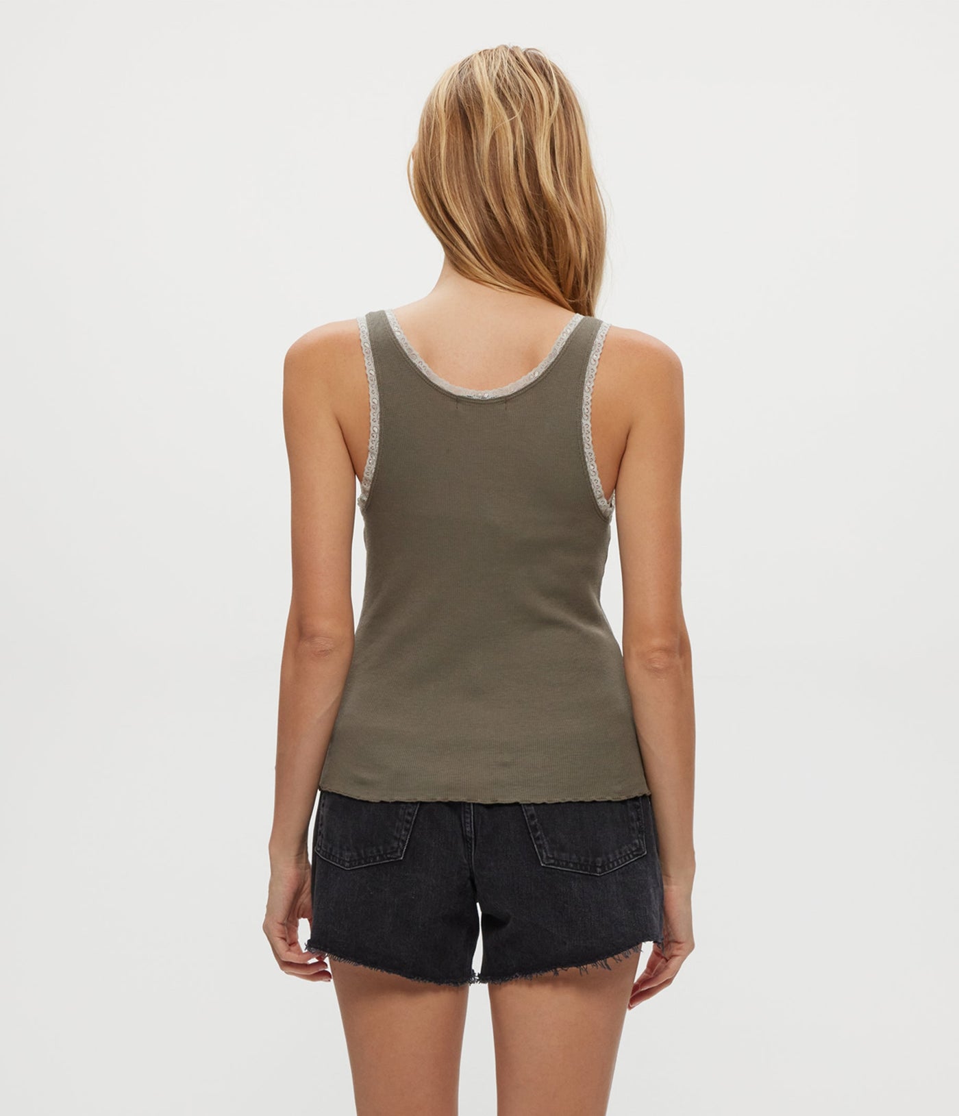 MILEY SUPIMA RIB LACE TANK IN OLIVE - Romi Boutique
