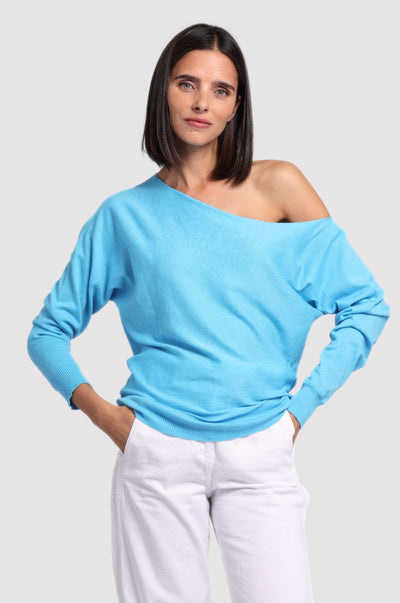 COTTON CASHMERE OFF THE SHOULDER TOP IN BLUE BOW