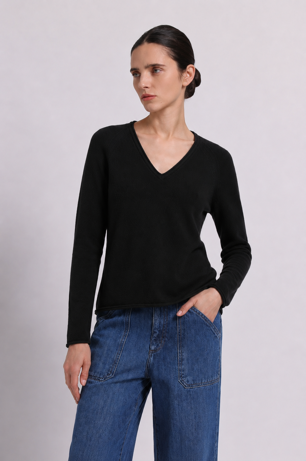 Minnie Rose Sheer Luxury Cashmere Long Sleeve V Neck with Rolled Trims at Romi Boutique