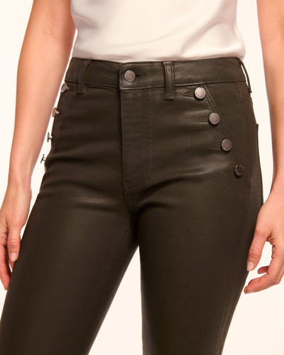 HELENA COATED HIGH-RISE FLARE JEAN IN OLIVE COATED