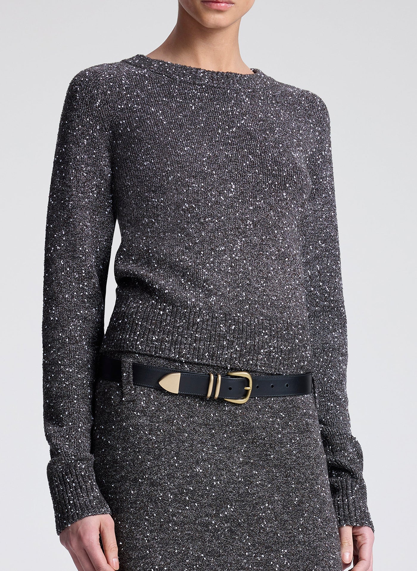 ZOE BOUCLE TWEED SWEATER IN CHARCOAL/DARK BROWN