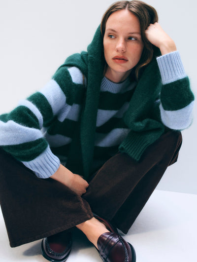 BRUSHED CASHMERE STRIPED CREW IN BLUE/TEALWOOD