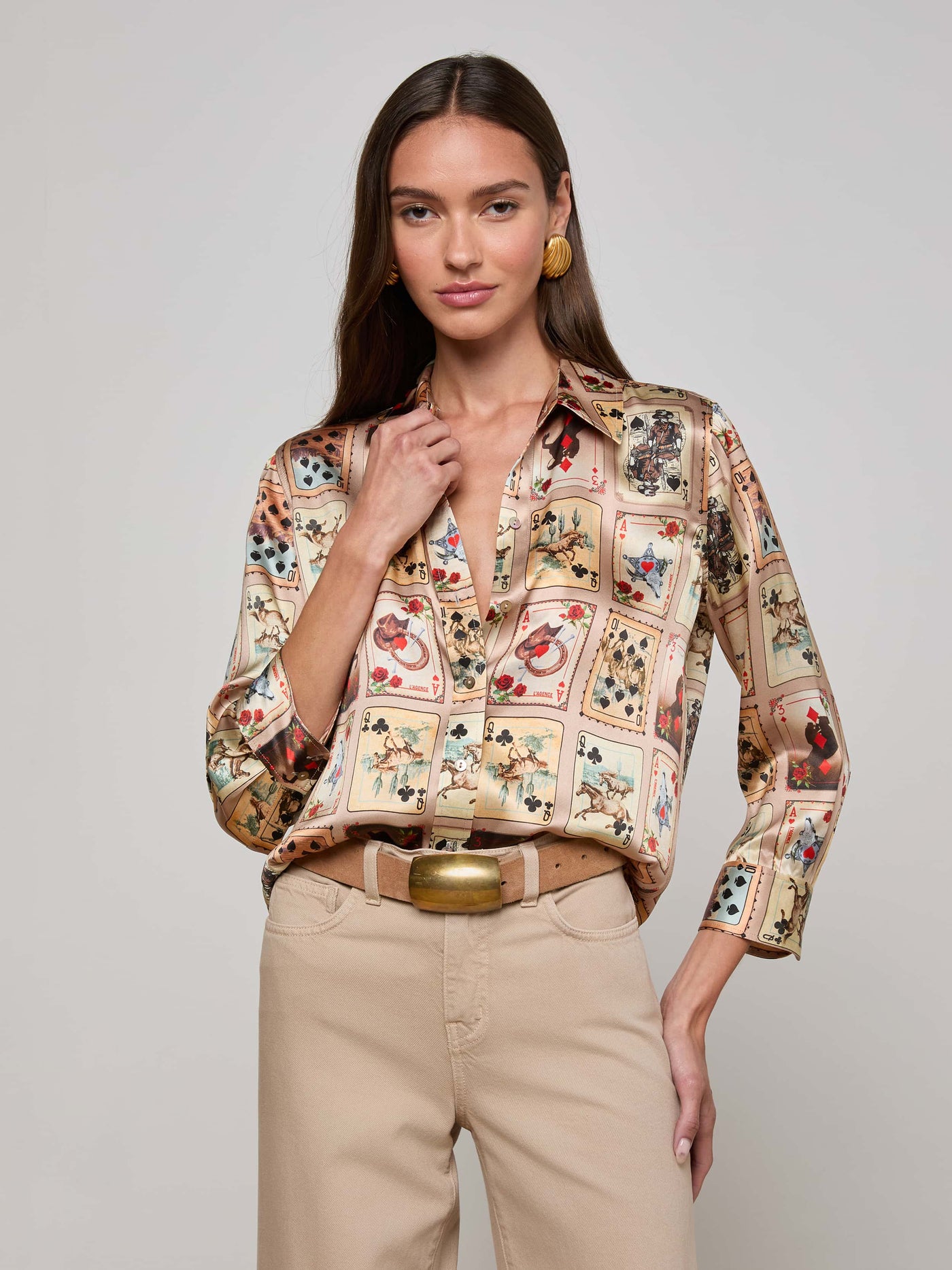 DANI 3/4 SLEEVE BLOUSE IN TAN MULTI WESTERN CARDS