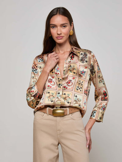 DANI 3/4 SLEEVE BLOUSE IN TAN MULTI WESTERN CARDS