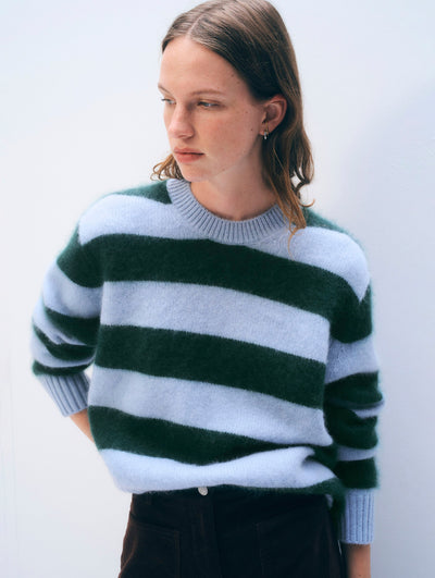 BRUSHED CASHMERE STRIPED CREW IN BLUE/TEALWOOD