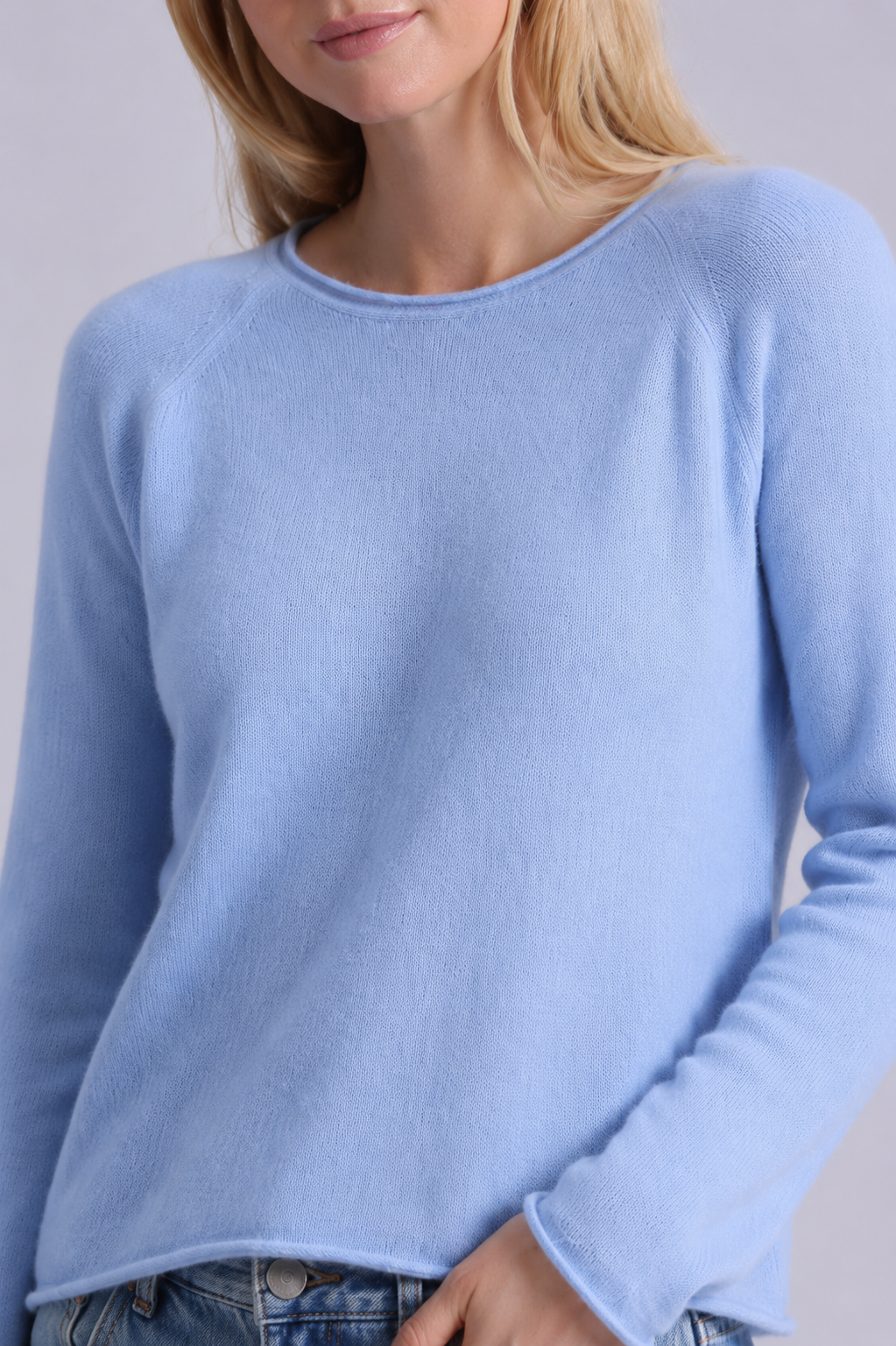 Minnie Rose Sheer Luxury Cashmere Raglan Crew with Rolled Trims at Romi Boutique
