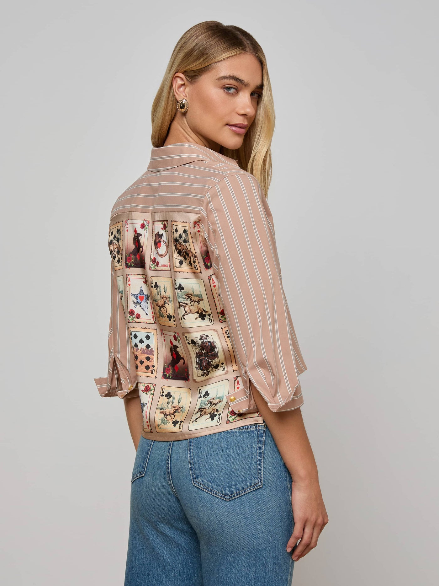 FAWN WESTERN CARD PRINT SHIRT IN STRIPE/TAN MULTI