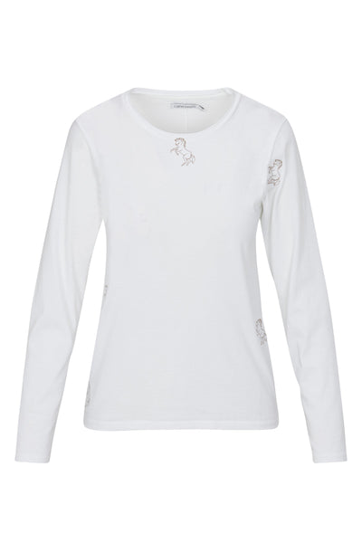 EMBROIDERED HORSE LONG SLEEVE COTTON T-SHIRT IN WHITE