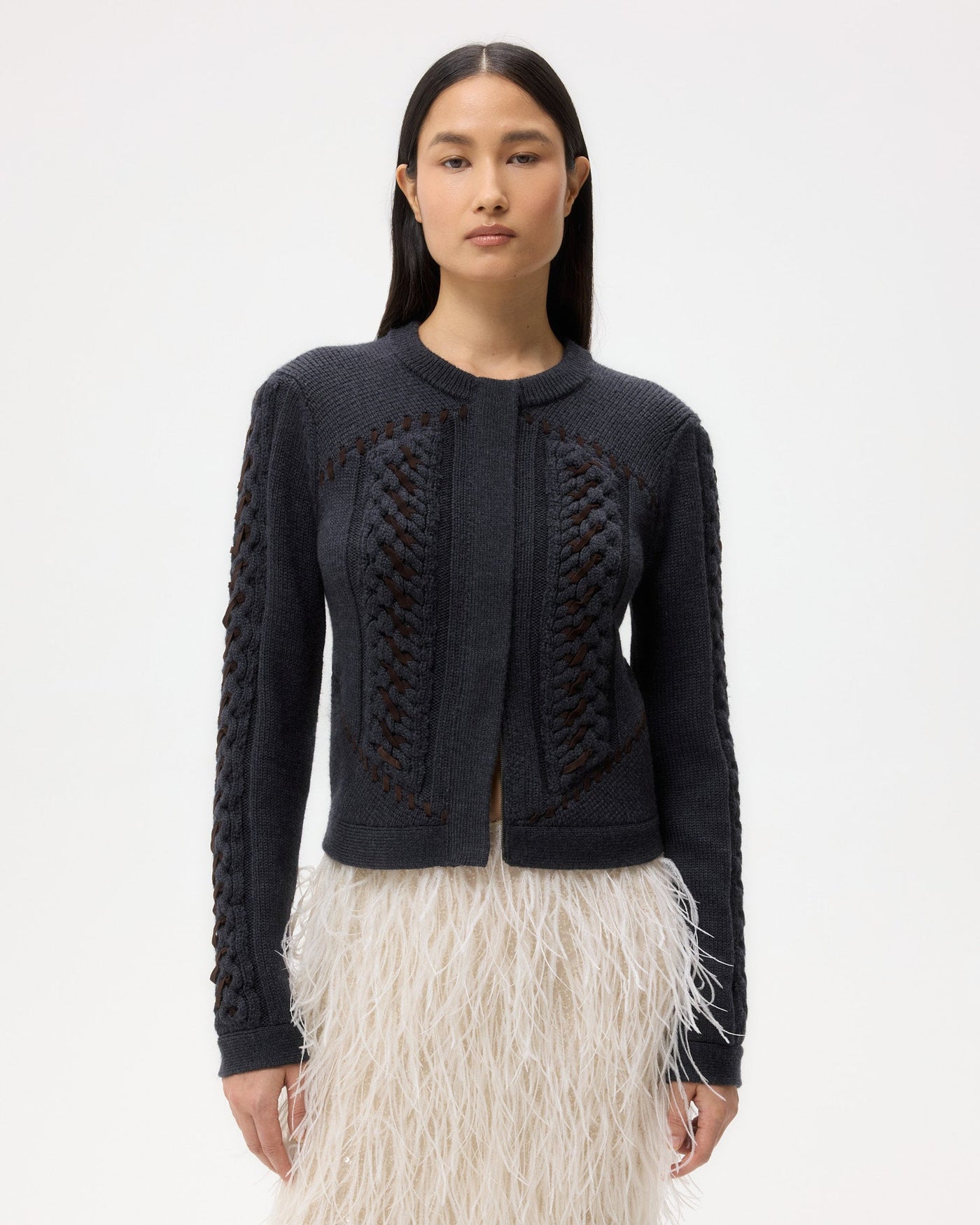SUEDE CABLE SWEATER JACKET IN CHARCOAL