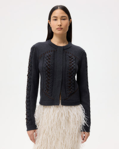 SUEDE CABLE SWEATER JACKET IN CHARCOAL