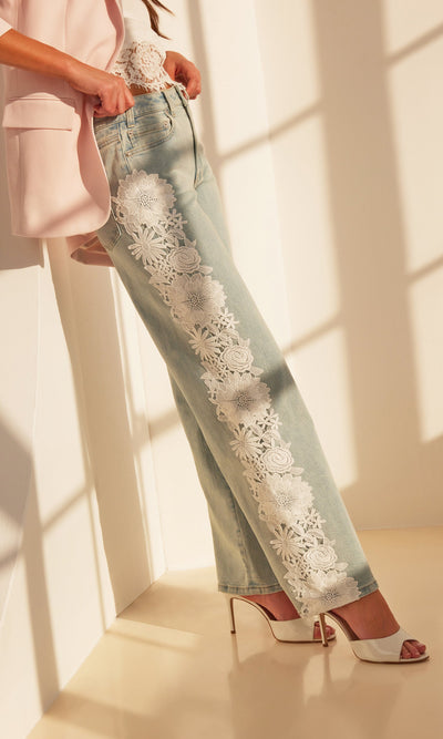 JETHRO LACE COMBO DENIM JEAN IN ICE BLUE/WHITE - Romi Boutique