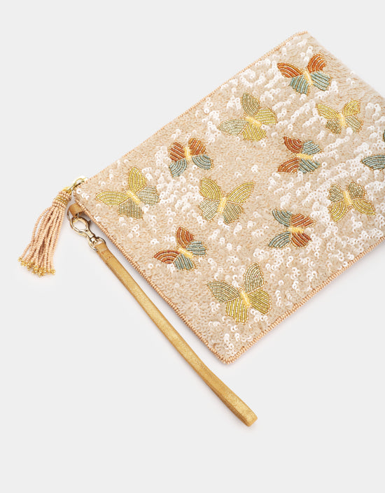 LARGE BUTTERFLY SEQUIN POUCH WITH CHAIN IN WINTER PASTEL