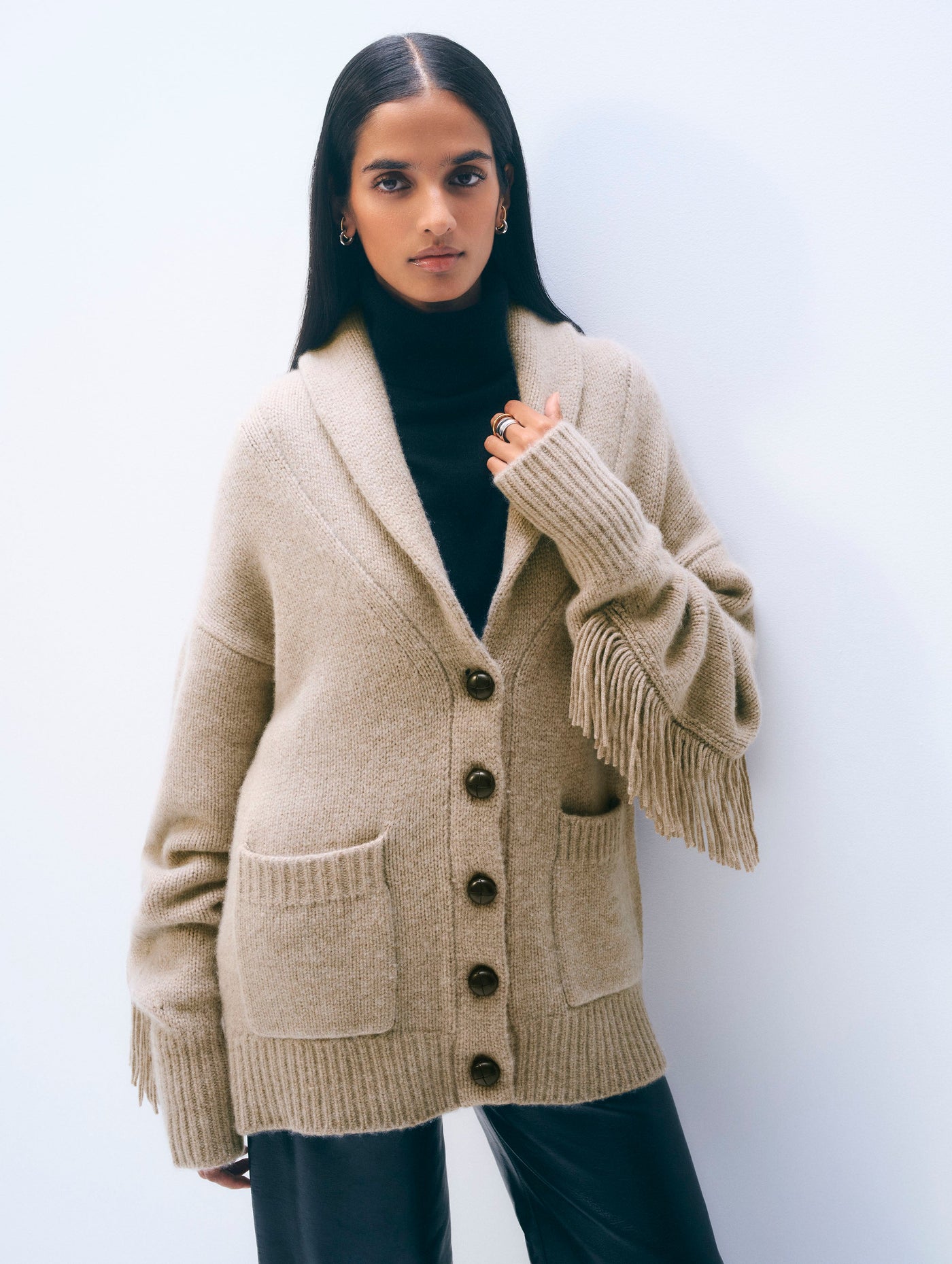 CASHMERE BLEND LUXE FRINGE COATIGAN IN MISTY BROWN HEATHER