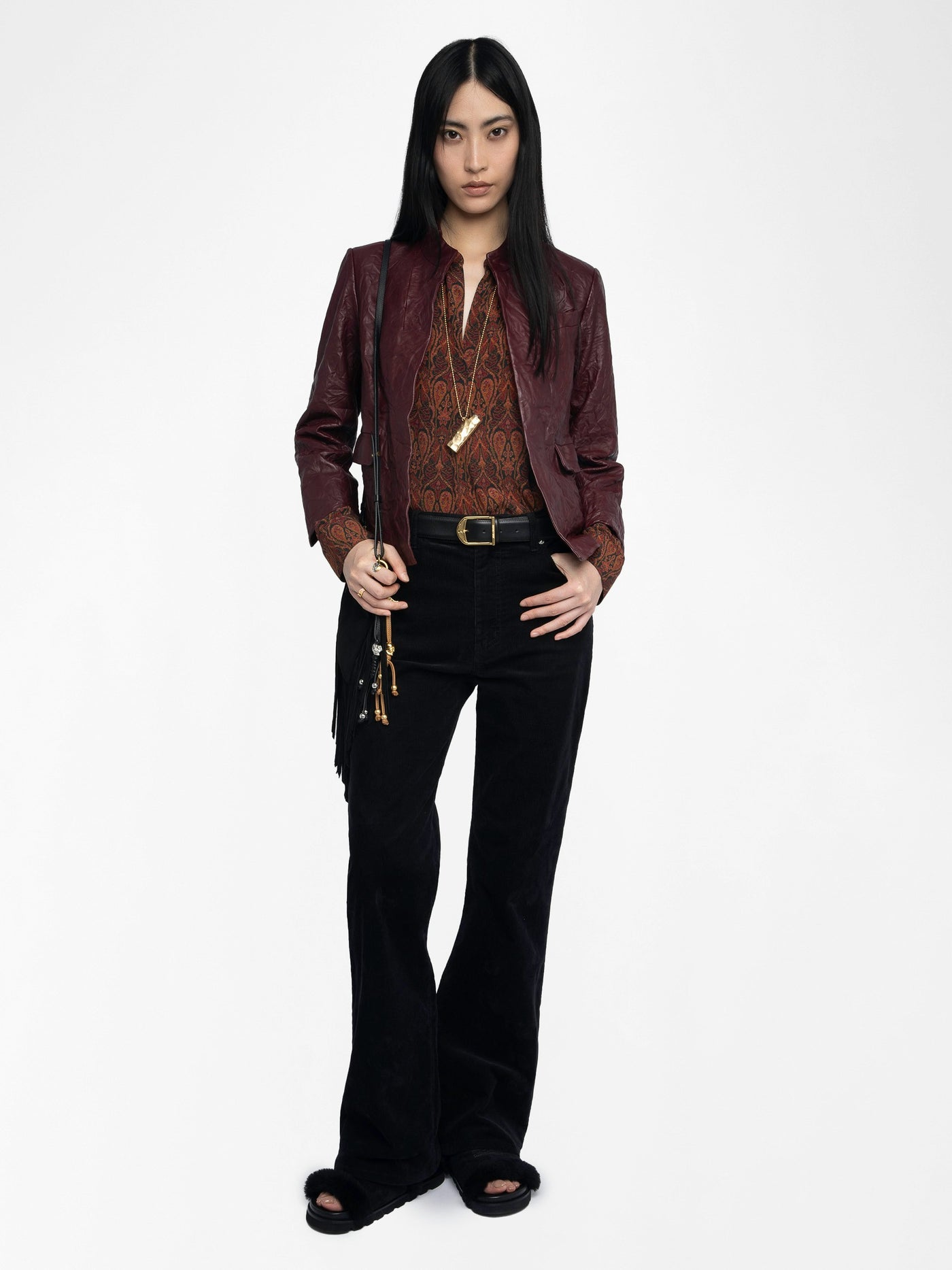 VERYN CRINKLED LEATHER BLAZER IN BURGUNDY