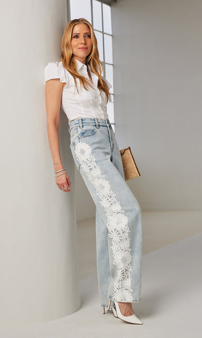 JETHRO LACE COMBO DENIM JEAN IN ICE BLUE/WHITE - Romi Boutique
