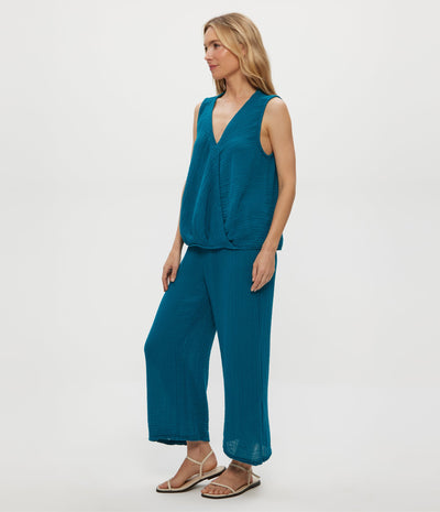 PETITE MEDINA CROPPED GAUZE PANT IN LAGOON - Romi Boutique