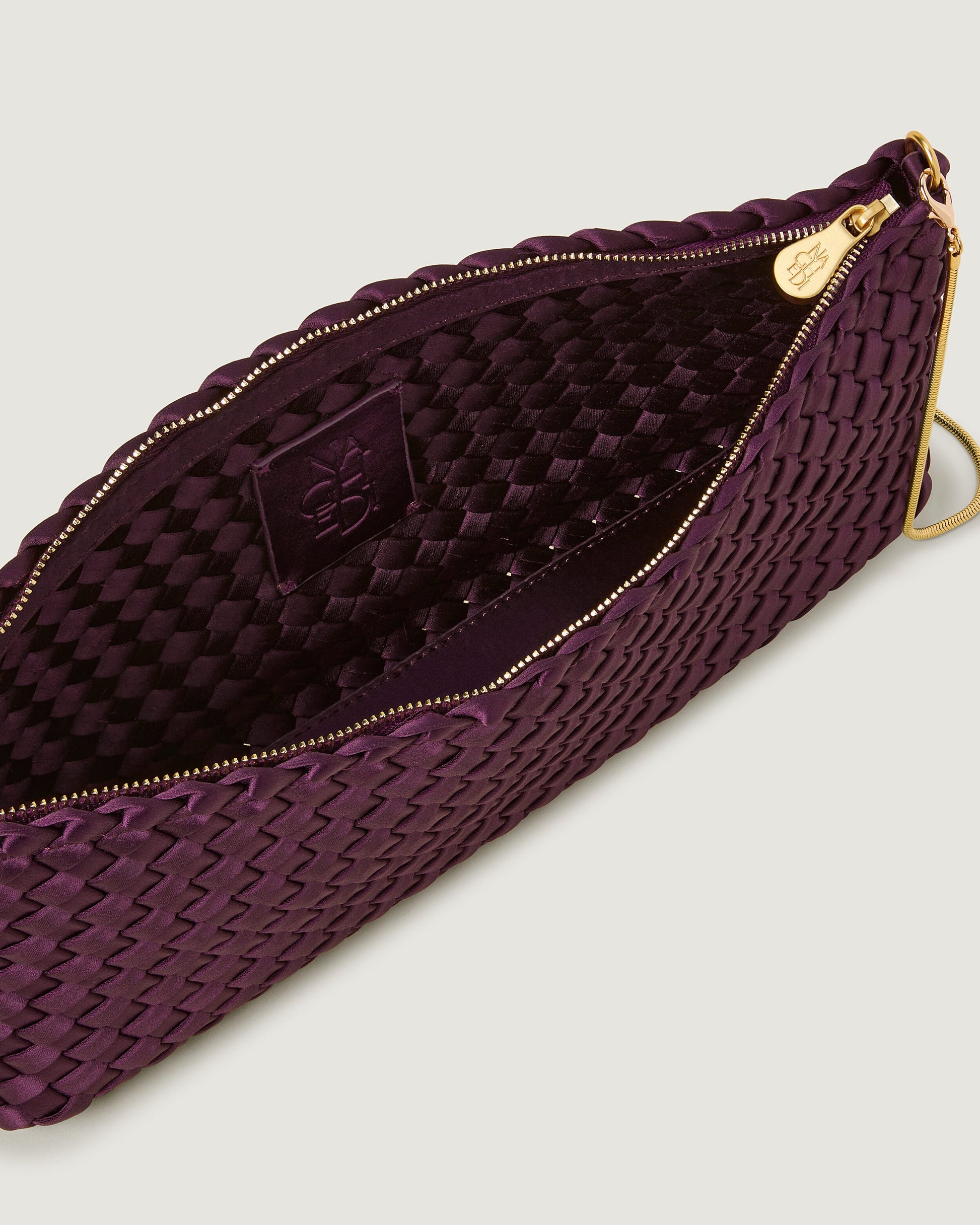 Naghedi GALA CLUTCH SATIN IN CURRANT at Romi Boutique