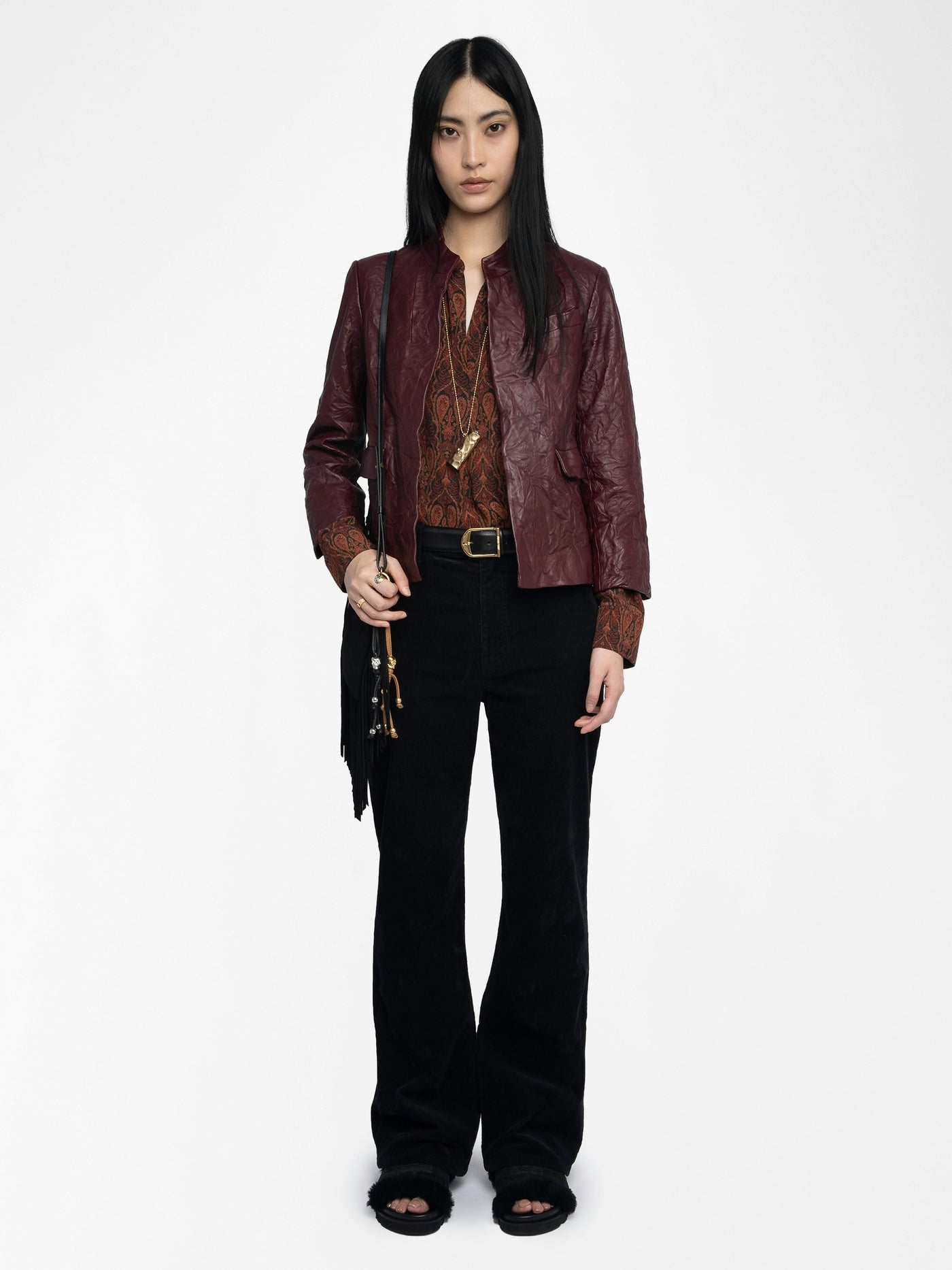 VERYN CRINKLED LEATHER BLAZER IN BURGUNDY