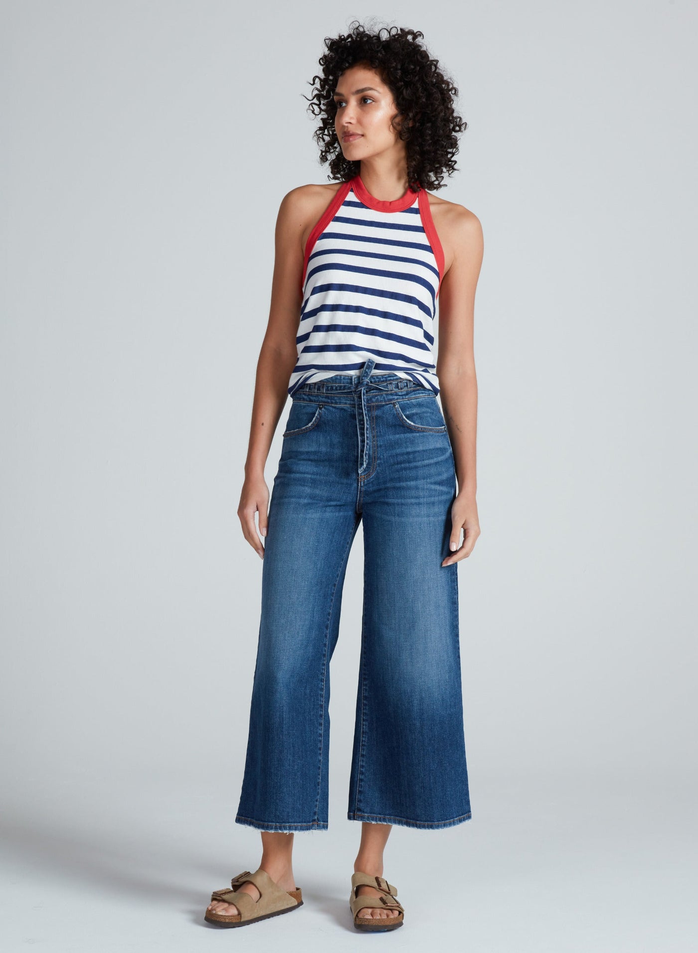 HALTER TANK IN THIN NAVY STRIPE