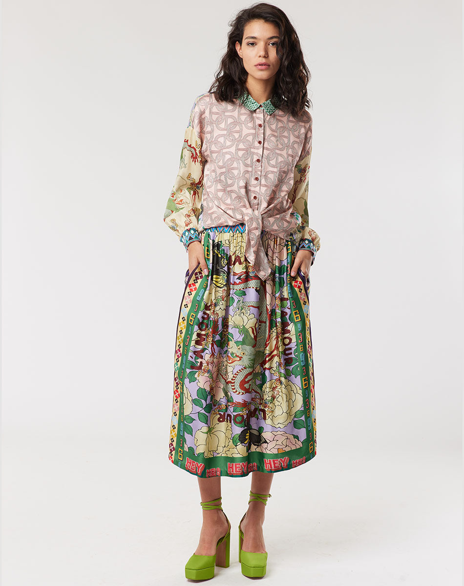 Me369 VANESSA PRINTED L'AMOUR MIDI SKIRT at Romi Boutique