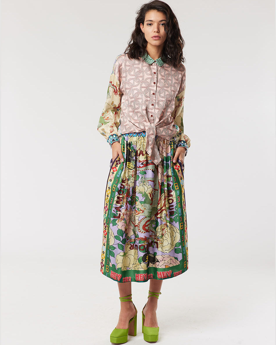 Me369 VANESSA PRINTED L'AMOUR MIDI SKIRT at Romi Boutique