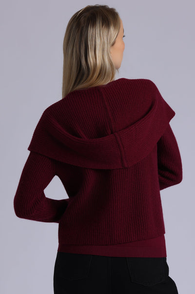 CASHMERE SHAKER HOODED FLYAWAY CARDIGAN IN BORDEAUX