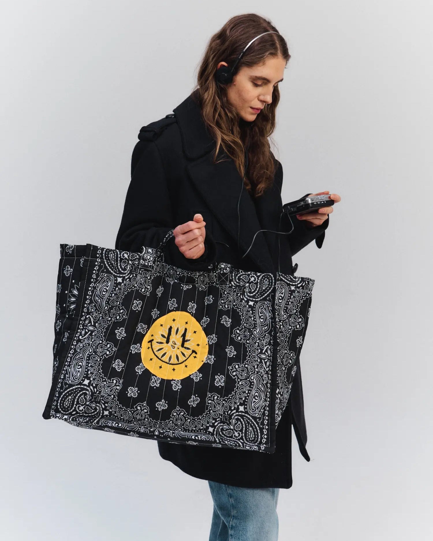 Call It By Your Name Quilted Medium Cabas Tote - Happy Face at Romi Boutique