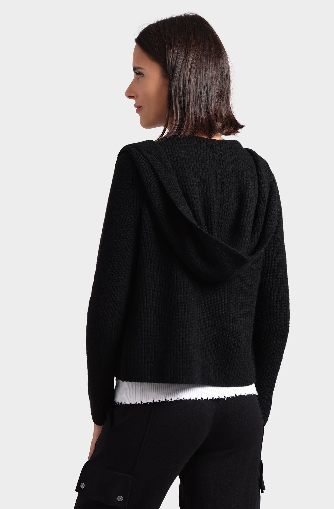 CASHMERE SHAKER HOODED FLYAWAY CARDIGAN IN BLACK