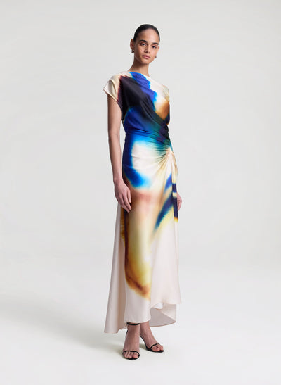 PENNY SATIN MIDI DRESS IN LAPIS MULTI - Romi Boutique