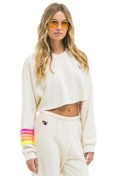 RUGBY STITCH CROPPED CREW SWEATSHIRT IN VINTAGE WHITE/NEON