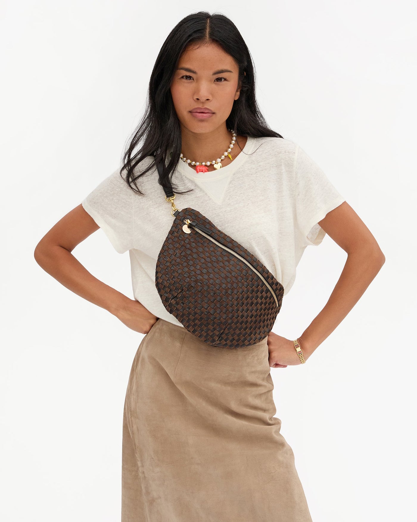 GRANDE FANNY LEATHER & SUEDE WOVEN CHECKER IN BLACK & CHOCOLATE