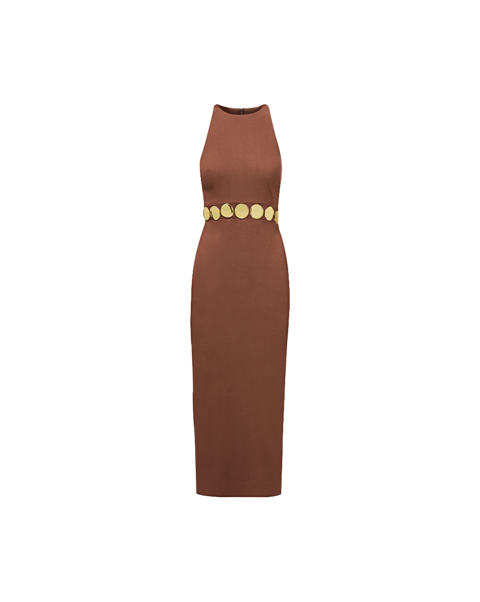 ISLA GOLD-MEDALLION MIDI DRESS IN LIGHT CHICORY