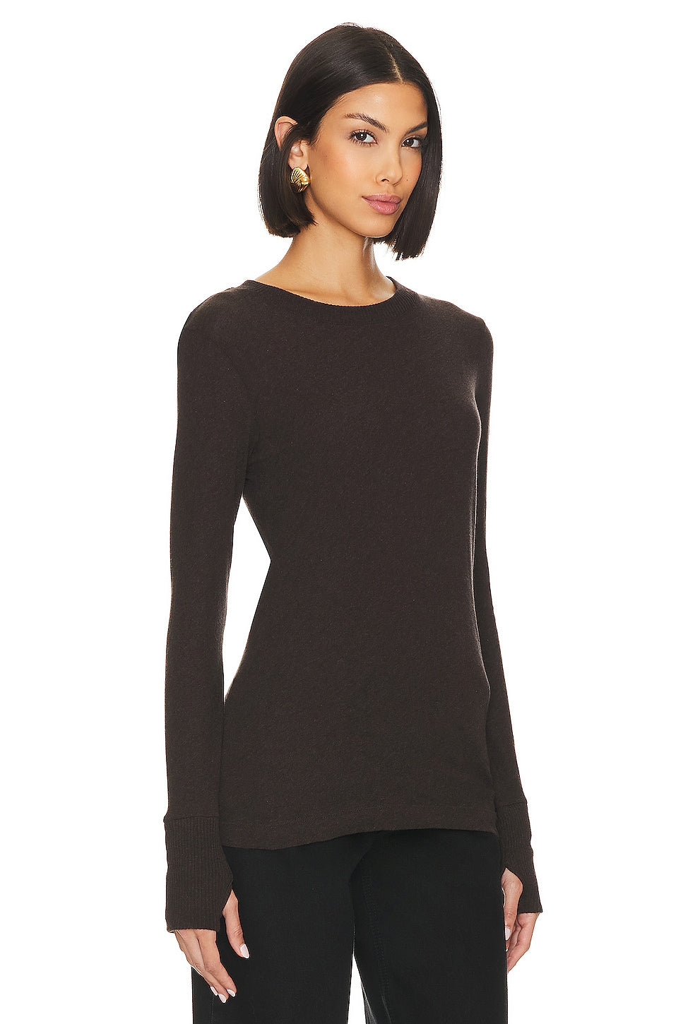 CASHMERE EASY CUFFED CREW IN DARK BROWN