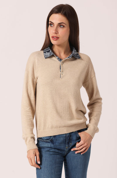 COTTON CASHMERE WOVEN BANDANA COLLAR PULLOVER IN BROWN SUGAR - Romi Boutique