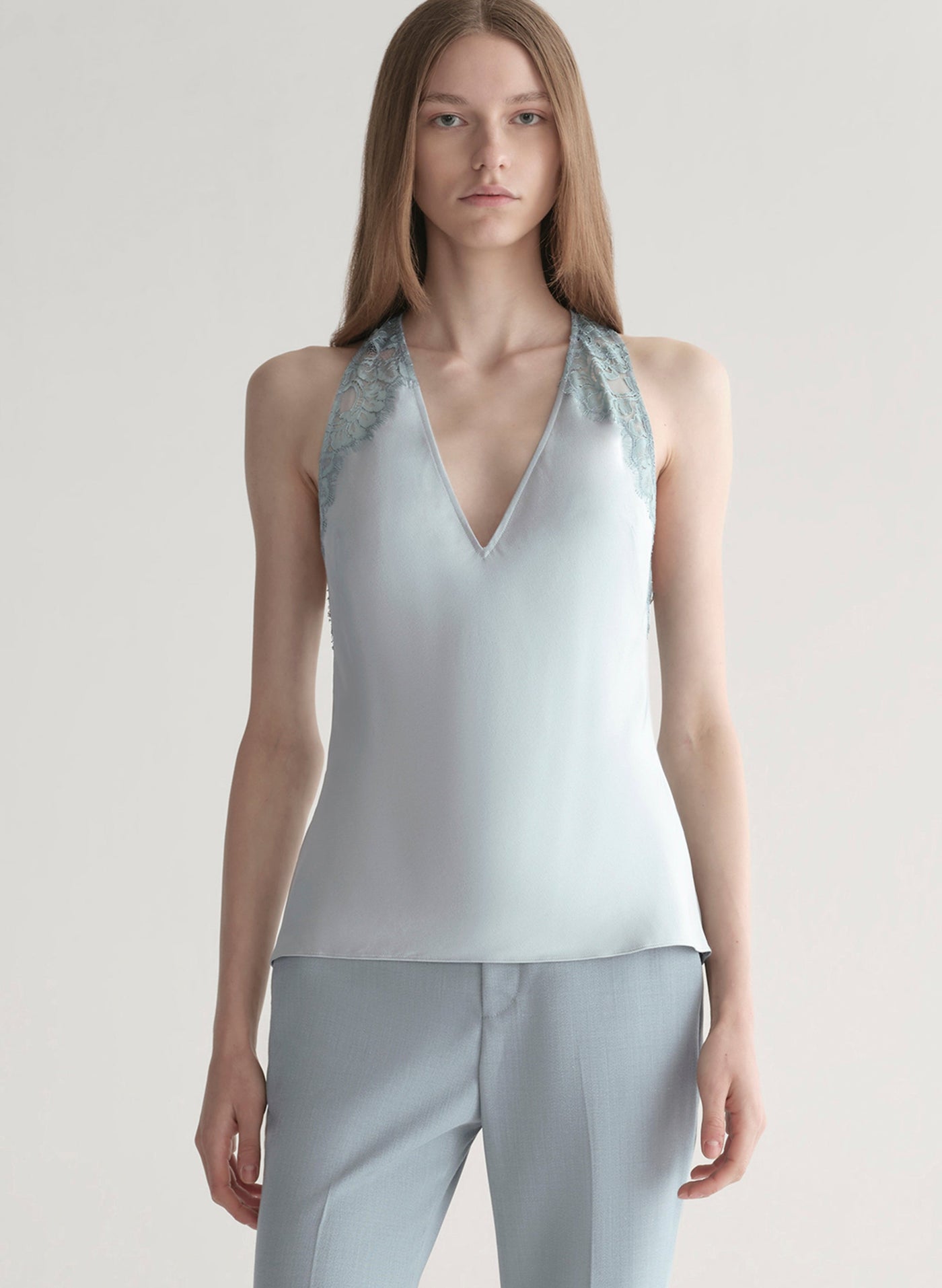 WES SATIN AND LACE TOP IN SLATE BLUE/GREY SKY