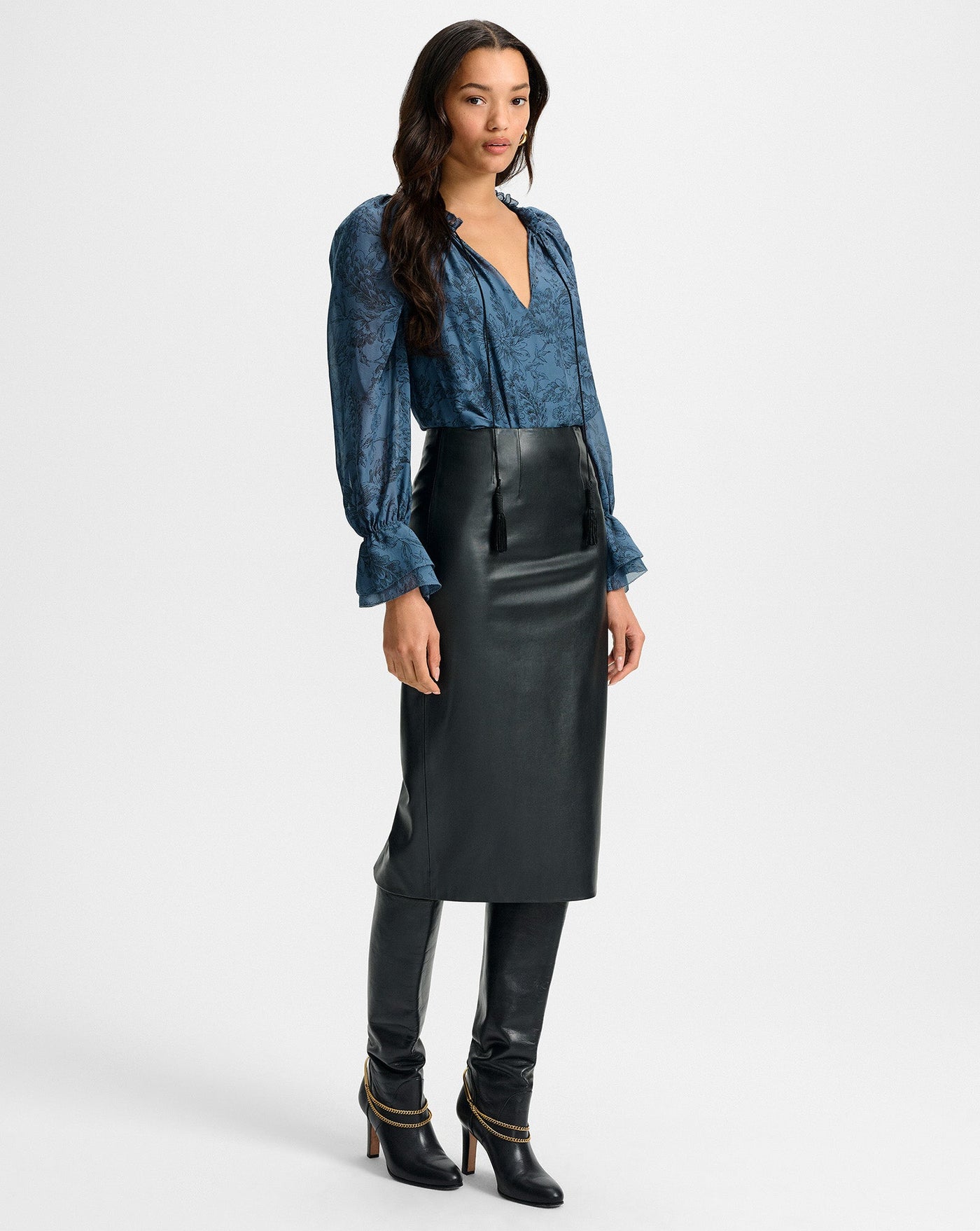 HOLMES MIDI PENCIL SKIRT IN BLACK VEGAN LEATHER