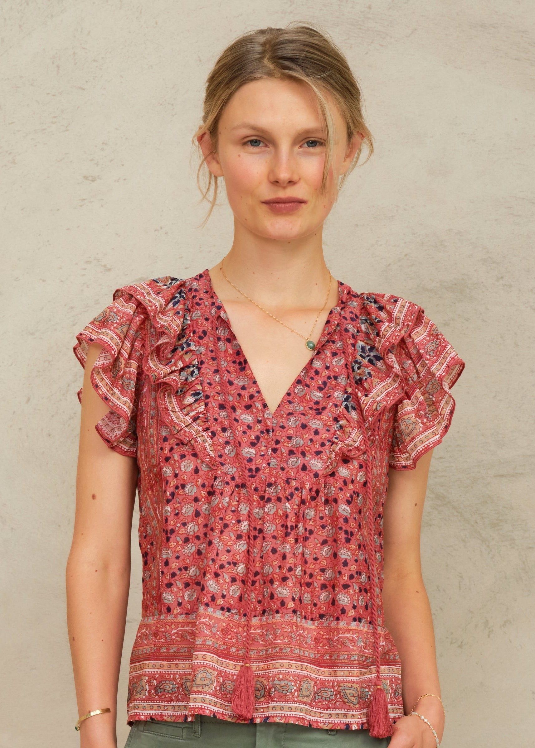 Mabe Darla Frill Short Sleeve Top at Romi Boutique