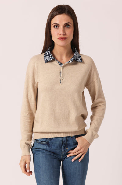COTTON CASHMERE WOVEN BANDANA COLLAR PULLOVER IN BROWN SUGAR - Romi Boutique