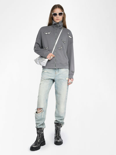 MILLY ZIP UP SWEATSHIRT IN MEDIUM GREY