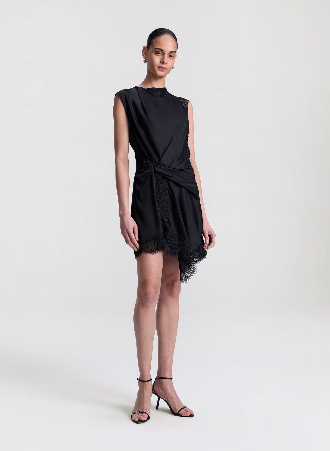 DION SATIN AND LACE MINI DRESS IN BLACK/BLACK