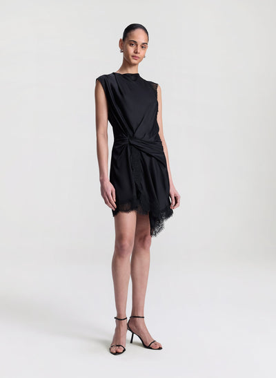 DION SATIN AND LACE MINI DRESS IN BLACK/BLACK