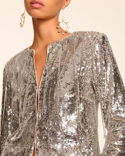 SAPPHIRE SEQUIN FRINGE JACKET IN PLATINUM