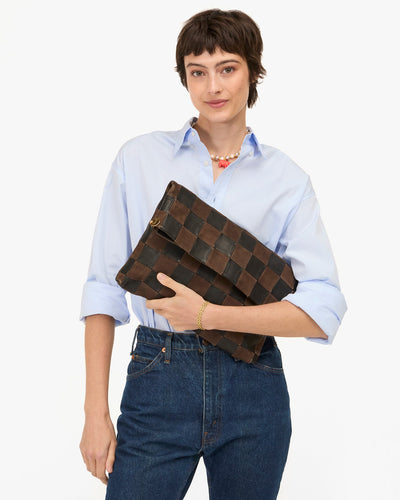 CARRYALL CLUTCH NAPPA & SUEDE OVERSIZED CHECKER W/ TABS IN BLACK & CHOCOLATE
