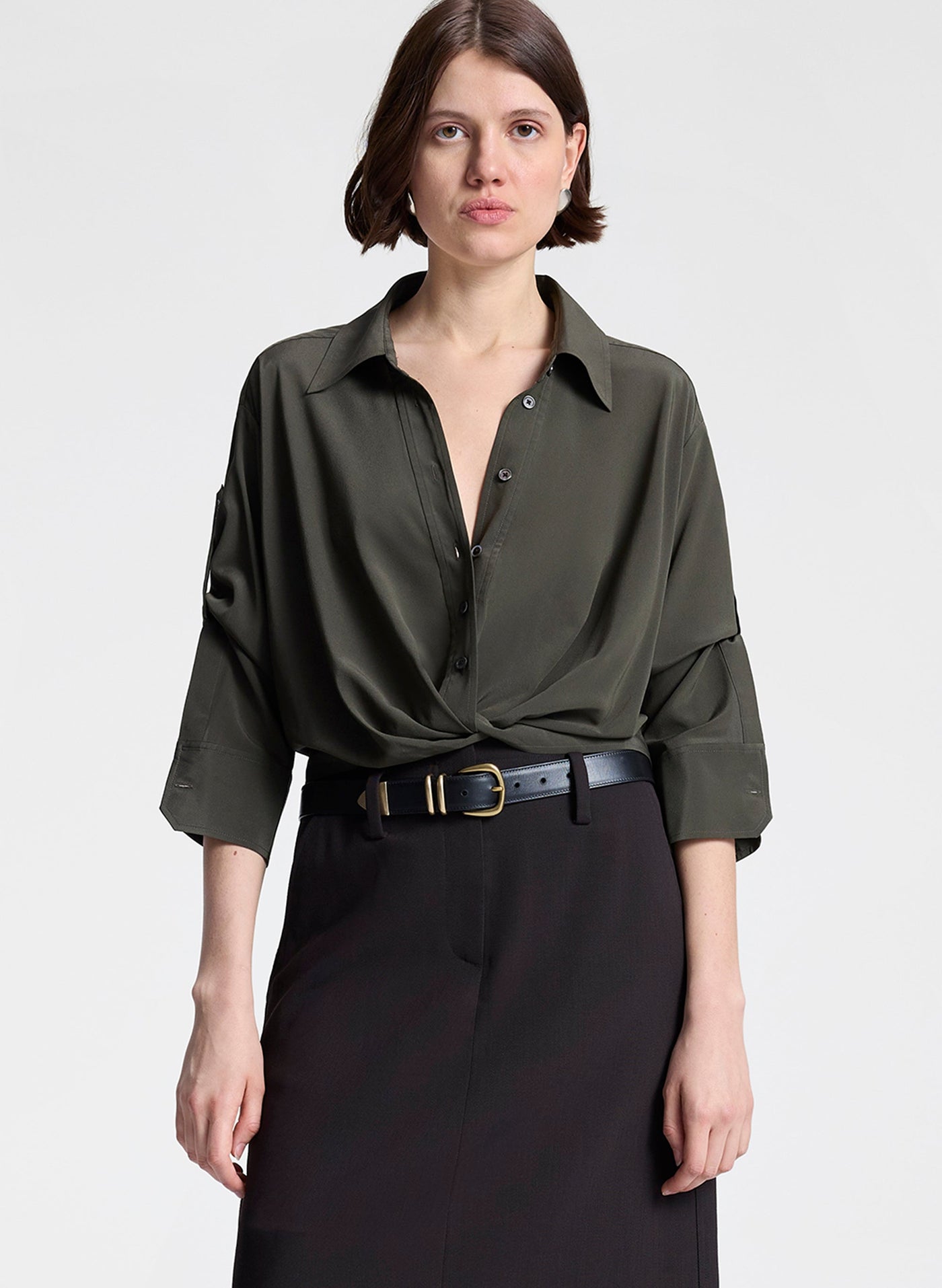 LEO SILK TOP IN OLIVE BROWN