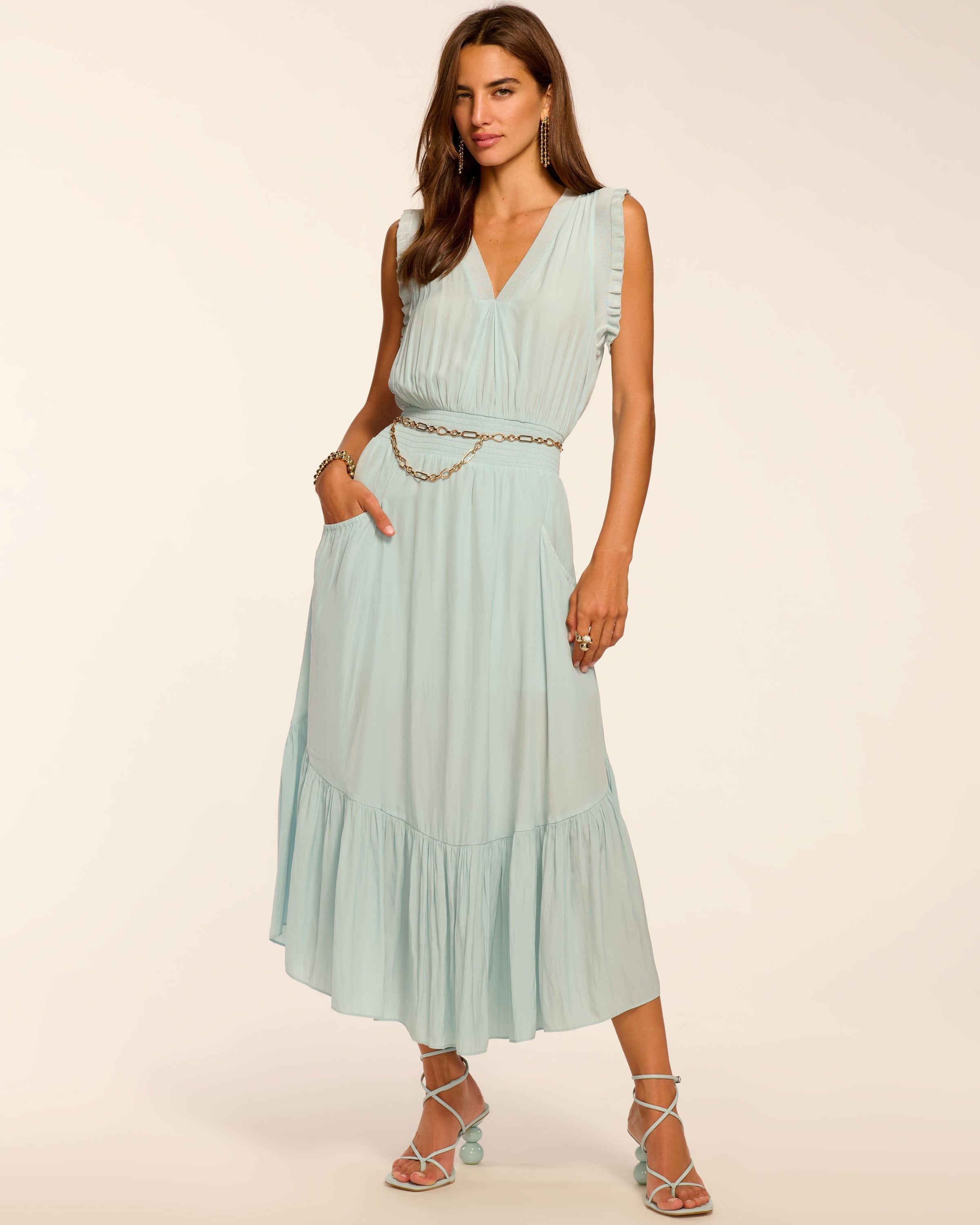 COCO SMOCKED SLEEVELESS DRESS IN MOONSTONE BLUE - Romi Boutique
