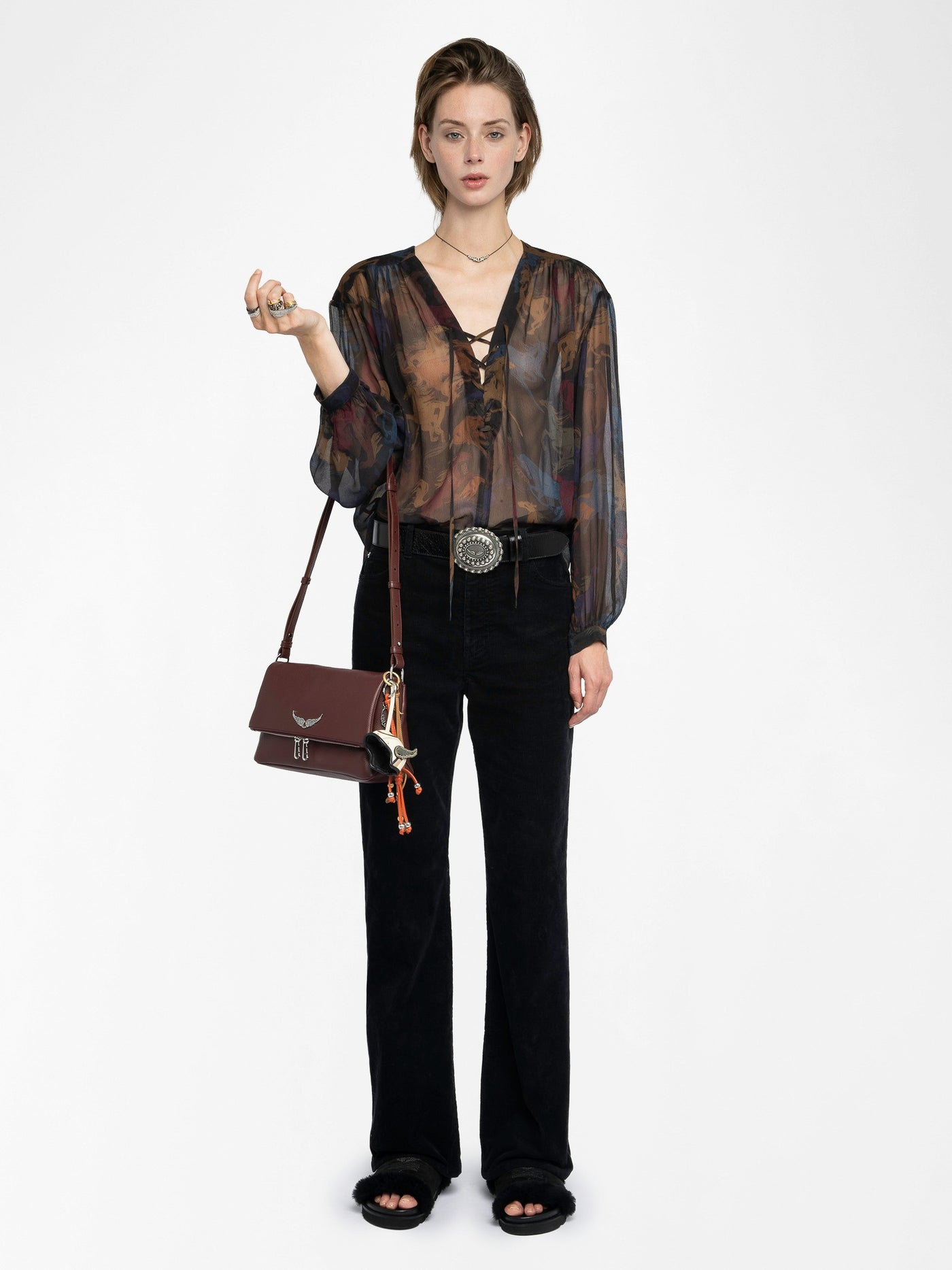 TAMELA HORSES SHEER SHIRT IN DARK CHOCOLATE