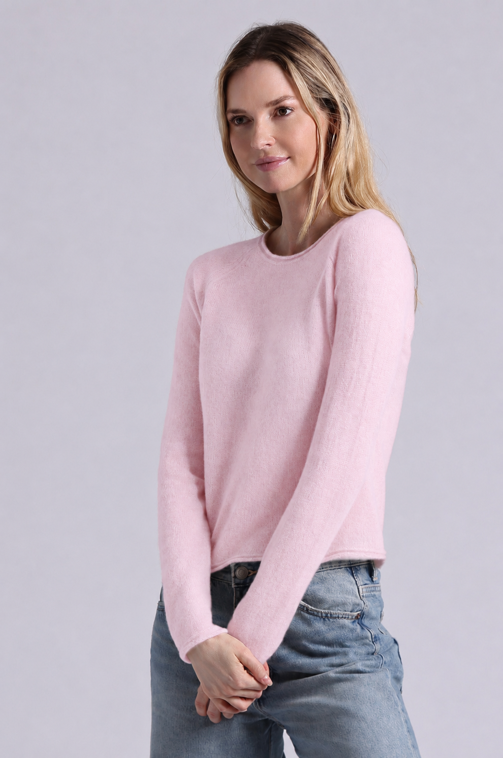 Minnie Rose Sheer Luxury Cashmere Raglan Crew with Rolled Trims at Romi Boutique