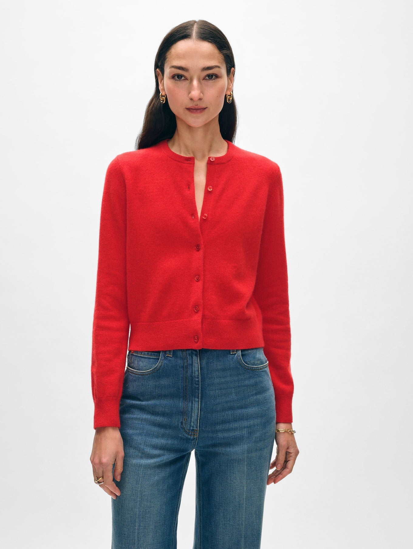 CASHMERE CREWNECK CARDIGAN IN DESERT RED