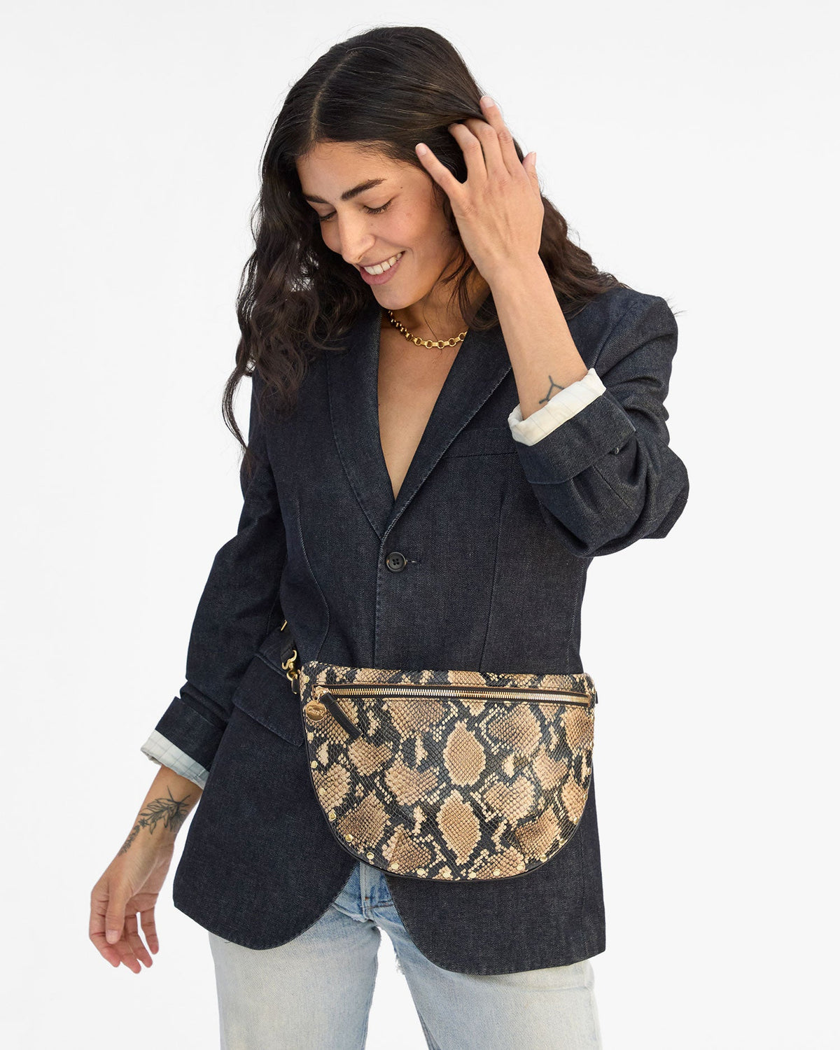 Clare V Grande Fanny Bag in Desert Snake at Romi Boutique